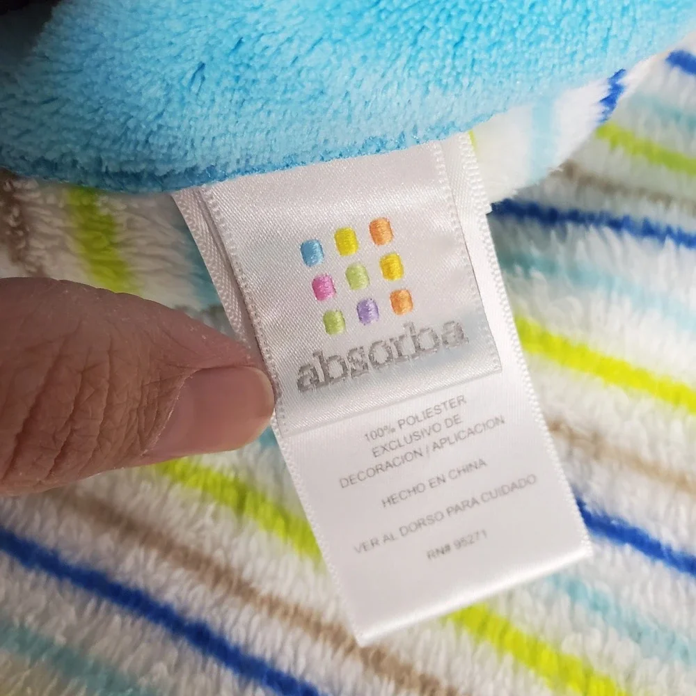 ABSORBA Fleece Baby Blanket Blue Trim Green Blue Brown Stripe Elephants Applique